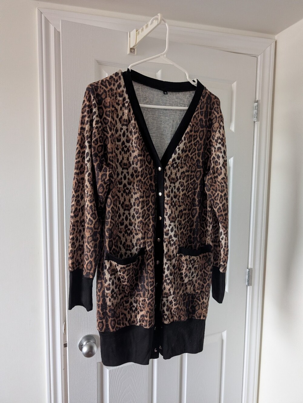Leopard Print Long Cardigan with Black Trim - Brown